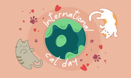 Background for the international cat day on August 8. With Funny cat footprint and earth.のイラスト素材