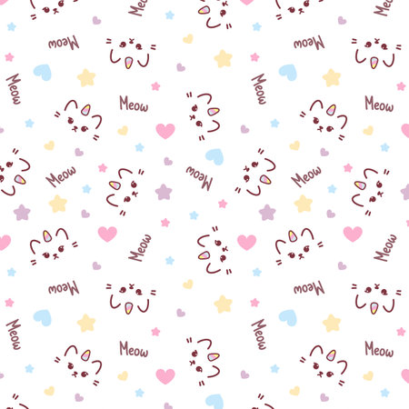 Cute white cat cat or kitten Unicorn vector seamless pattern. Kawaii Cat Unicorn. Isolated vector illustration for kids design prints, posters, t-shirts, stickersのイラスト素材