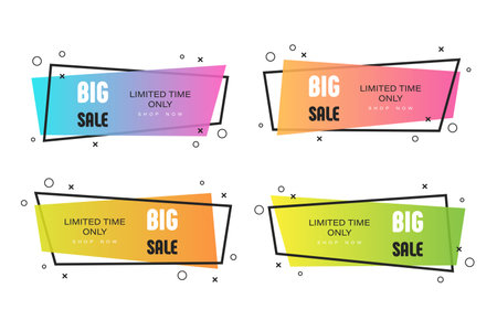 Set of flat linear promotion ribbon banners, scroll, price tag, sticker, badge, poster. Vector illustrationのイラスト素材