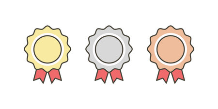 Gold, silver, bronze medal in cartoon style. 1st, 2nd and 3rd places. Trophy with red ribbon.のイラスト素材