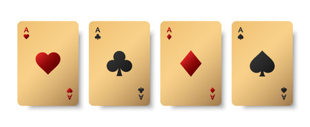 Set of four golden black and red ace card suits. Poker hearts, clubs, spades and diamonds. A winning...