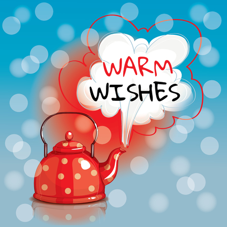 Red dotted spotted bouiling kettle. Warm wishes. Greeting card, postcardのイラスト素材