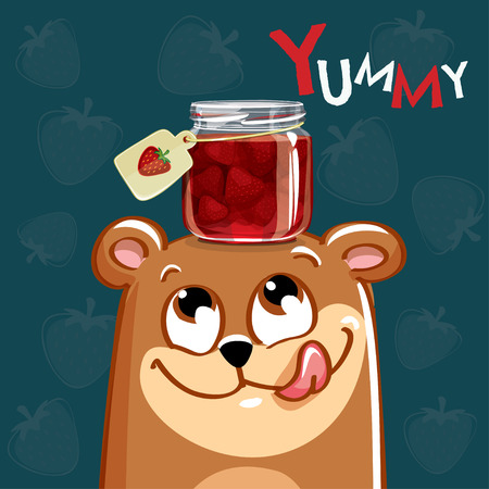 Vector illustration of cute cartoon happy fun bear with strawberry jam. Greeting card, postcard. Yummyのイラスト素材
