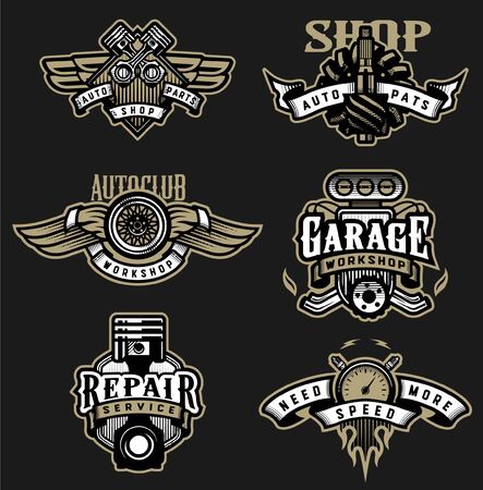 Auto service, parts, workshop emblem collection for automobile workshop, bikersclubのイラスト素材
