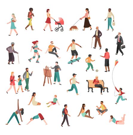 Men Women different kind of workout outdoor fitness, exercise illustration drawing cartoon charactersのイラスト素材