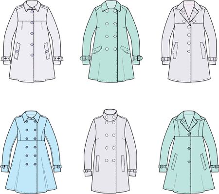 Ladies Trench coat technical drawing. Trench hand drawn template for garments and textiles.のイラスト素材