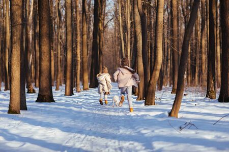 Two sisters in winter clothes. It is winter and snow. Children run through the winter forest with a dog.の写真素材