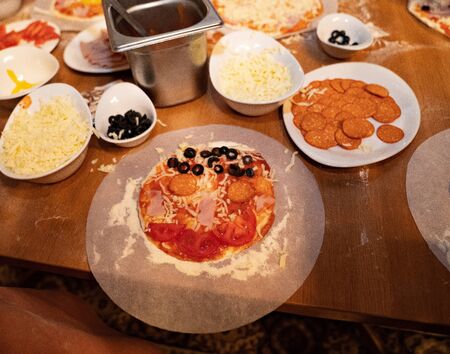 ingredients food for cooking pizza for children in the master class. Children prepare food in the master class themselves.の写真素材