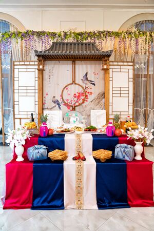 decoration Korean traditional holiday Doljanchi baby first birthday in the restaurantの写真素材