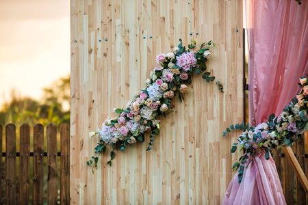 wedding details ceremony area decor of the outdoor. waiting for guests and the bride and groom.の写真素材