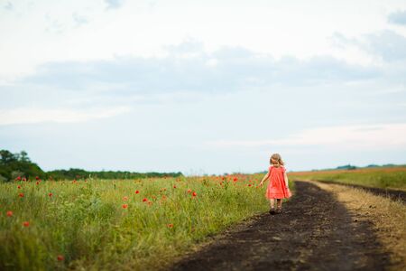 little girl in a dress goes in the dirty dirt road. earth after a rain. off-road. near a field with flowers poppies.の写真素材
