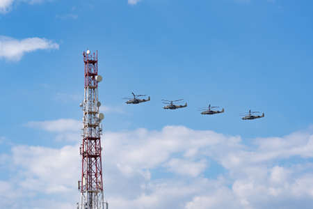 28.04.2020 Russia Rostov-on-don. A group of professional pilots of military helicopters shows tricks...