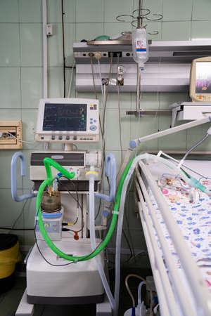 16.04.2020 Russia Rostov-on-don. apparatus of artificial lung ventilation at bed. Equipment for supplying Medical gas mixture for saturate blood from lungs. Monitor resuscitation and anesthesiaのeditorial素材