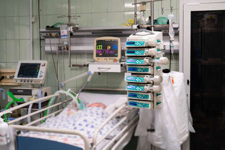 16.04.2020 Russia Rostov-on-don. at bed kid. apparatus of artificial lung ventilation. Equipment for supplying Medical gas mixture for saturate blood from lungs. Monitor resuscitation and anesthesiaのeditorial素材