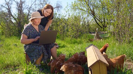daughter teaches her elderly mother to working on the computer, with a laptop in village, in nature. Old woman out of town with computer. training elderly family members. the social distance.の写真素材