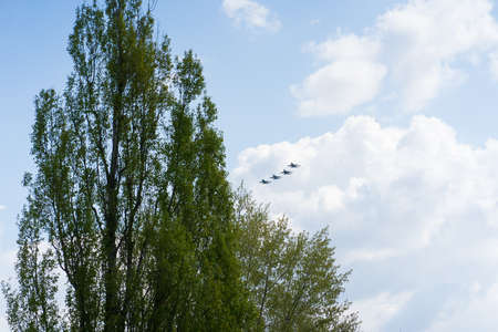 28.04.2020 Russia Rostov-on-don A group of professional pilots of military aircraft shows tricks in...