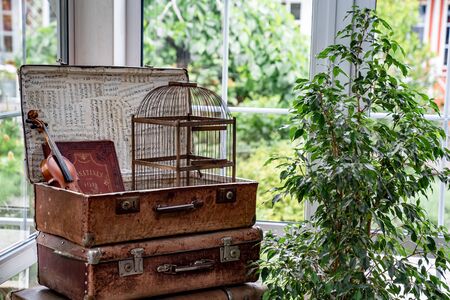 retro decorative elements in the interior. old suitcases, cell and violin.の写真素材