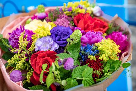 view top. bouquet of colorful flowers. gift for wedding and Valentine's day. flower delivery.の写真素材