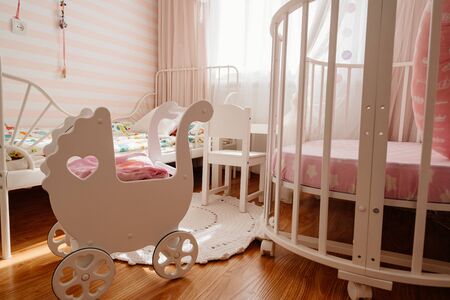 beautiful little cosy white kids room with two beds for girls kids. interior solutions for small...