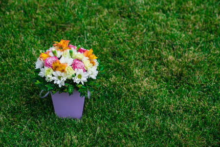 a bouquet of colorful flowers in a hatbox on a green lawn. top view. place for text.の写真素材