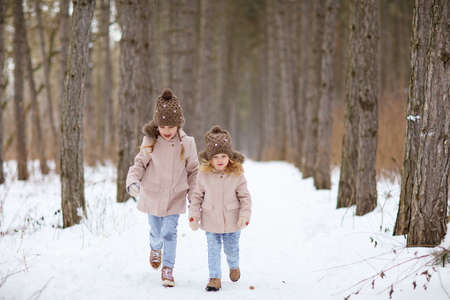 two little girls run in a snowy winter forest. travel and recreation with children in winter. family walks in the fresh air during the new year holidays.の写真素材