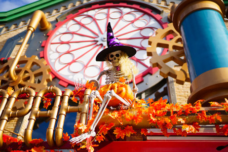 skeleton in a witchs hat in the park. decorations for Halloween celebration.の写真素材