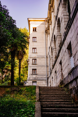 stairs to An old abandoned Sanatorium of Ordzhonikidze. Architecture of the USSRのeditorial素材