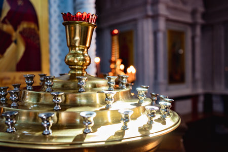 a candle holder without candles in the Church.の写真素材