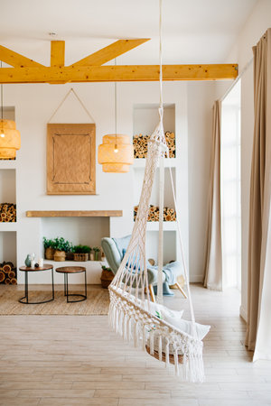 Scandinavian-style interior with a decorative fireplace and niches in the wall