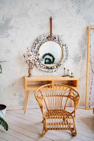 Loft interior. braided chair at the make-up table with a mirrorの写真素材