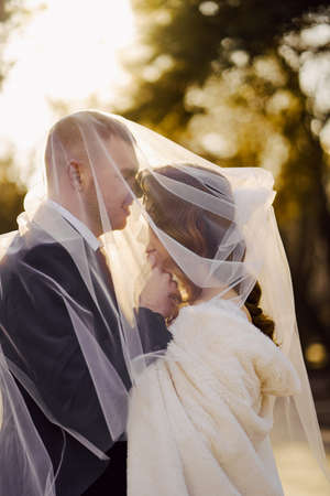 gentle and romantic bride and groom under the veil.の写真素材