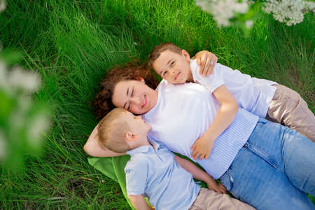 a mother with two young sons lies under the branches of a flowering tree. picnicの写真素材