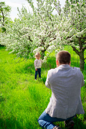 A man takes a picture of a little girl near a flowering tree in a spring garden.の写真素材