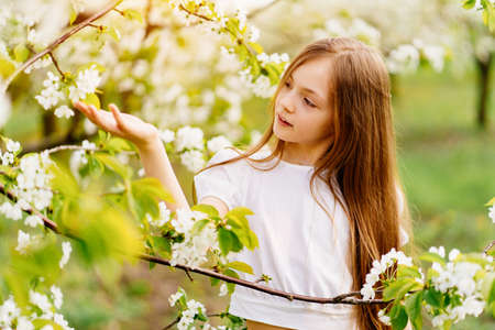 Beautiful teenage girl with a branch of a flowering tree. natural cosmeticsの写真素材