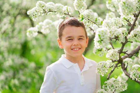 A boy stands by a branch of a flowering tree in a spring garden.