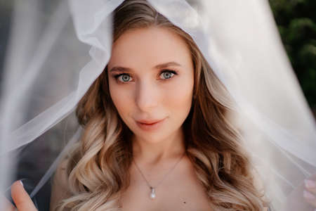 beautiful bride with long wavy hair under the veil. Wedding make-up.の写真素材