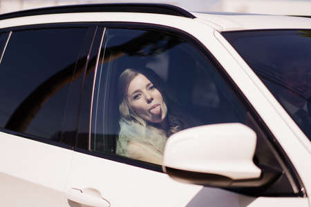 A beautiful and cheerful bride shows the tongue in cars. Rent transport