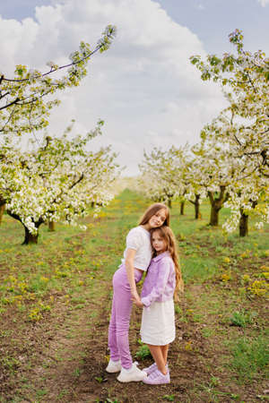 two girls sisters have fun and cuddle in the garden with flowering trees.の写真素材