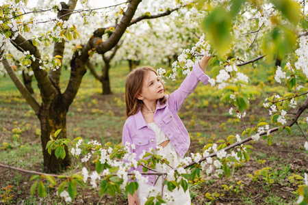 Beautiful kid girl with a branch of a flowering tree. natural cosmeticsの写真素材