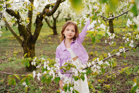 Beautiful kid girl with a branch of a flowering tree. natural cosmetics