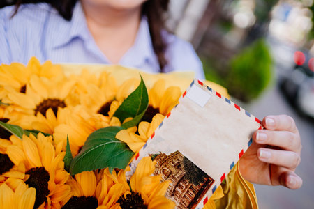 woman with a postcard and huge bouquet of decorative sunflowersの写真素材