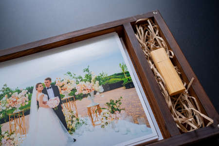 wedding photos and flash drive in box. beautiful return of result of photo shootの写真素材