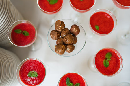 glasses of fruit smoothies decorated with mint leaf and chocolates.