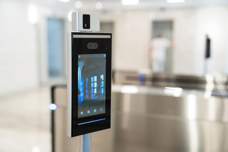 Biometric scanner on the turnstile at the door of the building.の写真素材