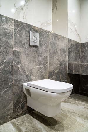 Hanging toilet is central element of installation system installed in bathroom.の写真素材