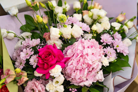 top view. bouquet of colorful bright fresh flowers. traditional gift for a womanの写真素材