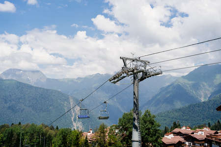 cable car with open trailers in the mountains.の写真素材