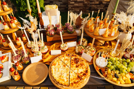 table with snacks. buffet. beautiful presentation of dishes for the holiday.の写真素材