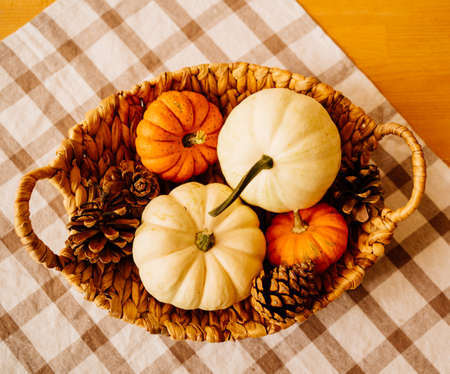basket with small decorative white and orange pumpkins and cones.