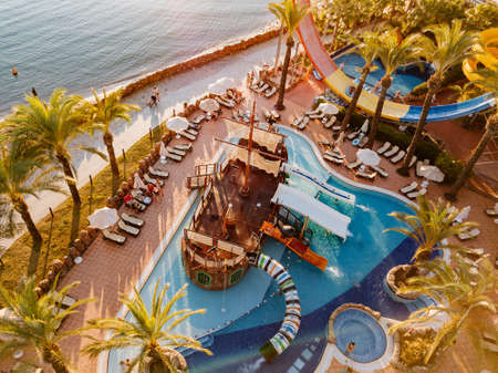 large water park in form of pirate ship. entertainment and recreation at resort.のeditorial素材